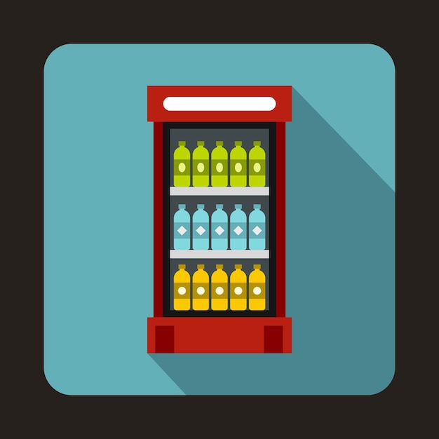 벡터 밝은 파란색 배경에 플랫 스타일의 다과 음료 아이콘이 있는 냉장고