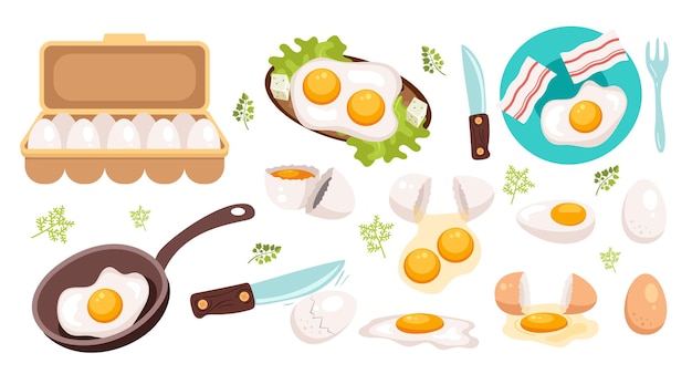 Vector fried boiled cracked chicken cartoon eggs morning breakfast variation with egg sandwich concept