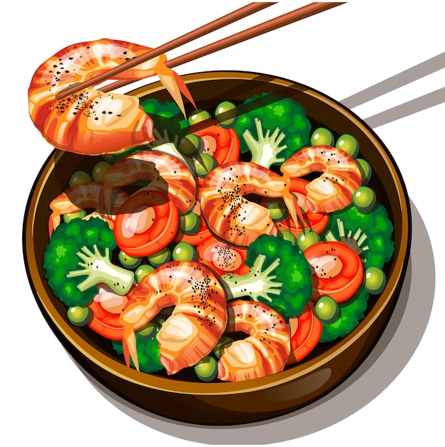 fried broccoli with carrot garlic and shrimp top view white background