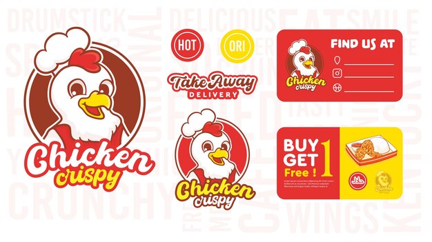 Logo croccante di pollo fritto con personaggio mascotte di pollo e altro elemento