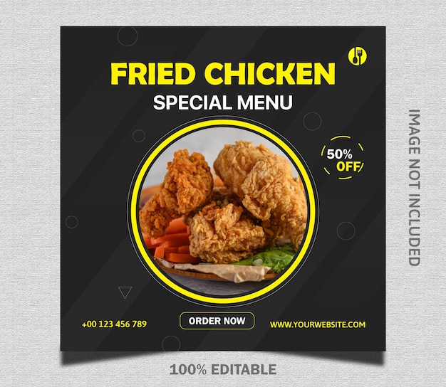 Vettore modello di banner sui social media per la promozione del menu fried chicken delight