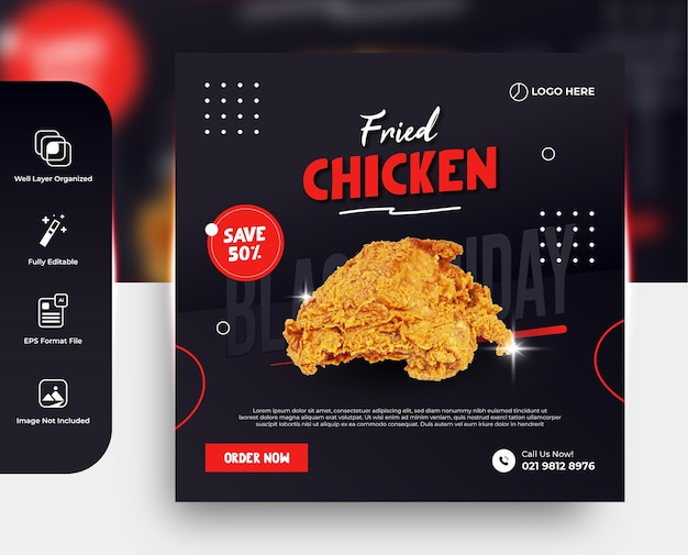 Modello di banner post sui social media per la promozione del menu del cibo di pollo fritto