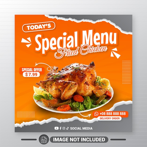 프라이드 치킨 음식 메뉴 소셜 미디어 배너 게시물 템플릿