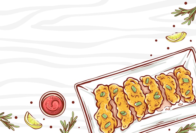 Vector fried chicken nugget illustration with sauces, lemon slices, and herbs on wooden pattern background