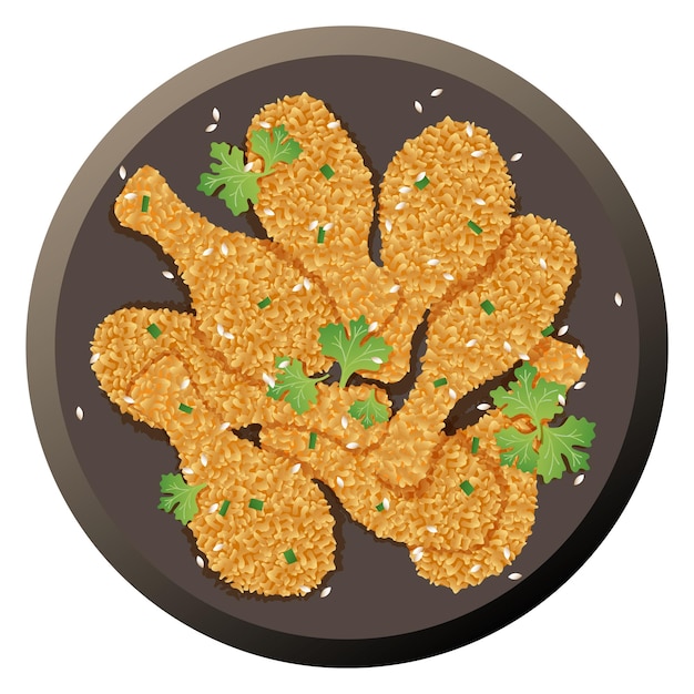 Fried chicken plate top view cartoon dish