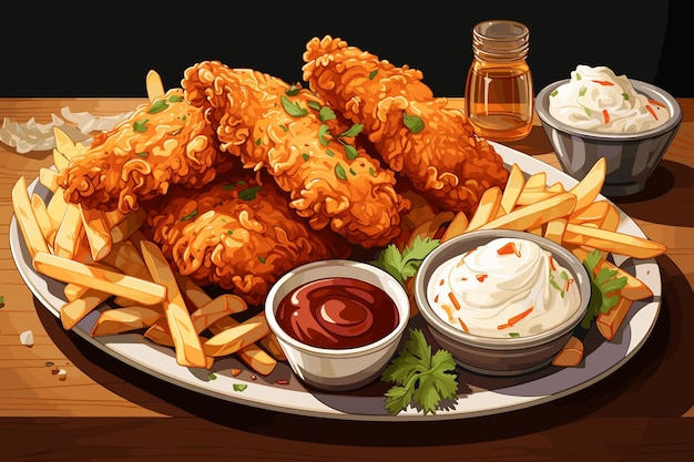 Vector fried chicken with french fries and nuggets meal junk food and unhealthy food