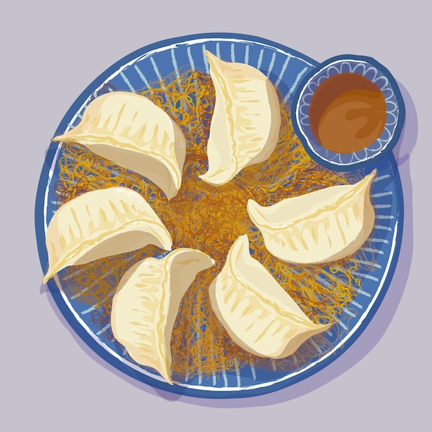 fried dumpling japanese meat Food top view illustration pattern