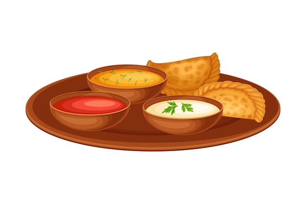 fried dumplings with sauce as indian dish and main course served on plate and garnished with herbs closeup vector illustration