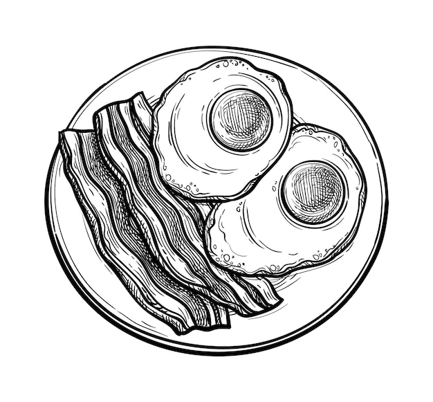 Uovo fritto e pancetta sul piatto. disegno a inchiostro in stile vintage.