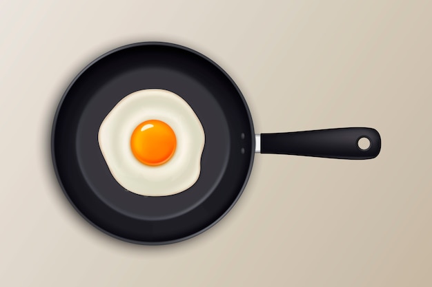 Vector fried egg on a black pan. realistic icon.