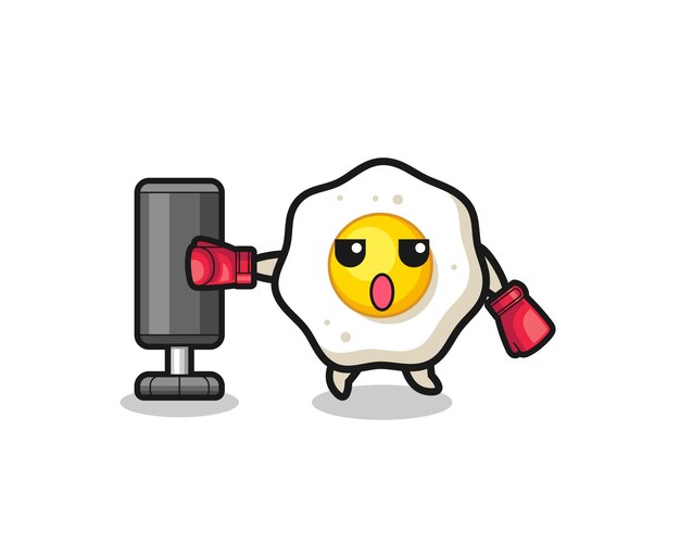 Fried egg boxer cartoon doing training with punching bag