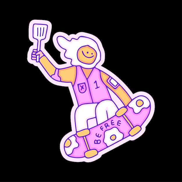 Personaggio uovo fritto con spatola e stile libero con illustrazione di skateboard per maglietta