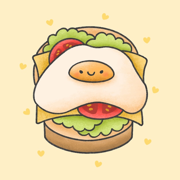 Fried egg on cheese sandwich cartoon hand drawn style