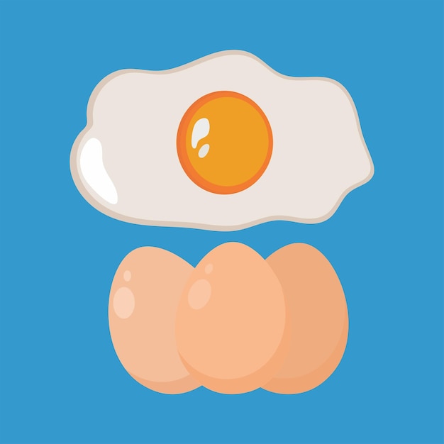 Fried egg and eggs in a shell on a blue background A flat serving of fried egg