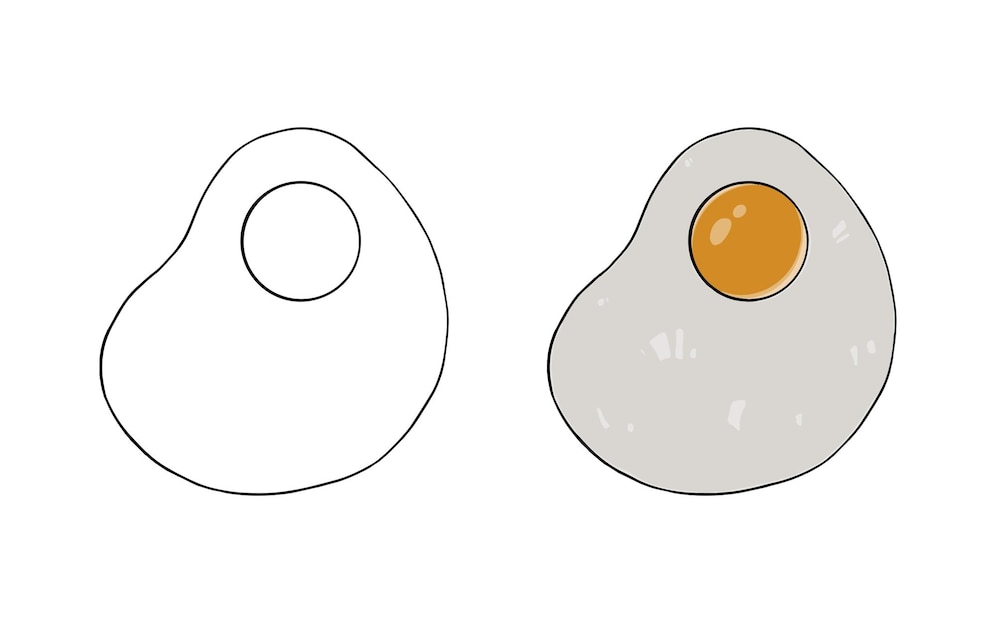 Жареное яйцо, жареный яичный белок, желток, еда, каракули, линейная