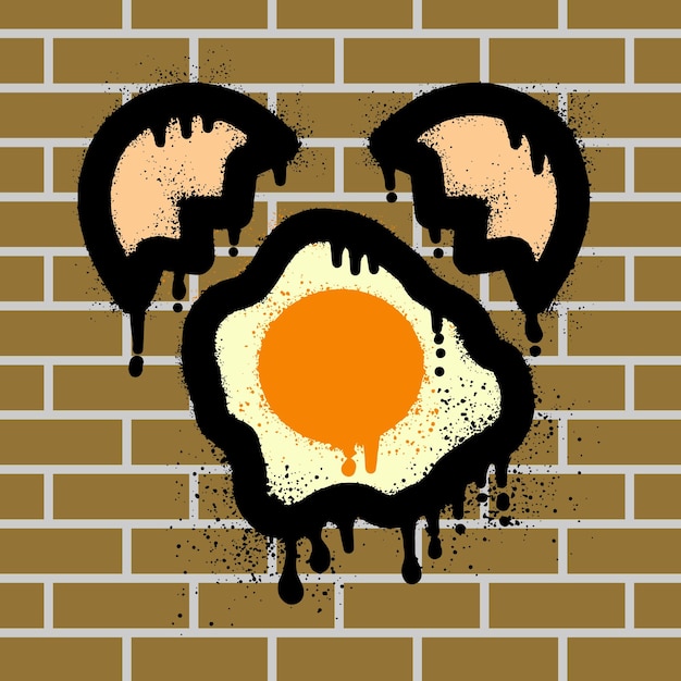 Vector fried egg graffiti with spray paint on brick wall background