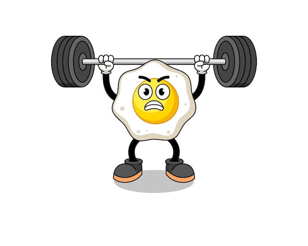 Fried egg mascot cartoon lifting a barbell