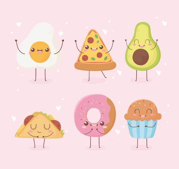 Fried egg pizza avocado donut cupcake taco kawaii food cartoon character design