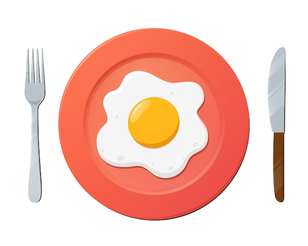 Fried egg on plate with fork and knife on white background Fast food breakfast lunch