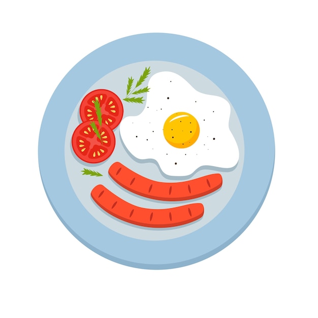 Fried egg sausage and tomatoes on a plate breakfast concept flat lay vector illustration of cooked food