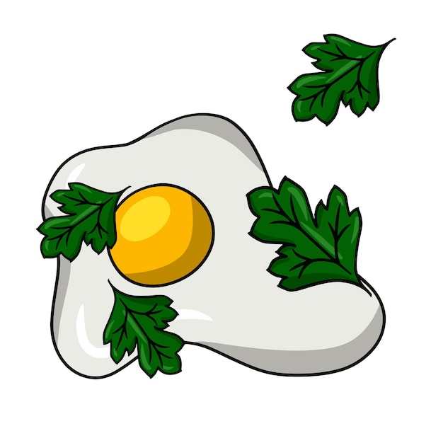 Fried egg with green parsley leaves top view vector cartoon