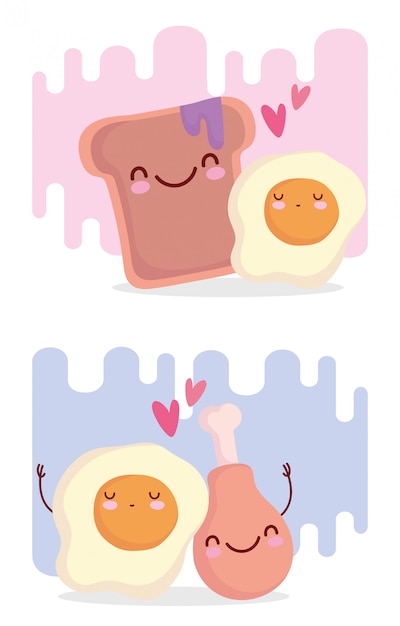 Fried eggs bread and chicken menu character cartoon food cute