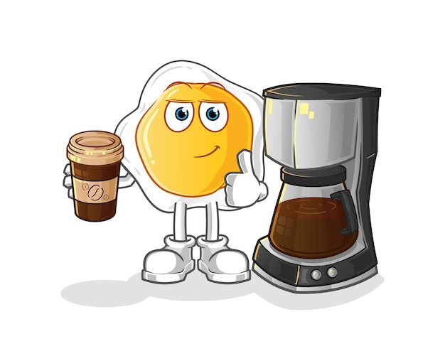 Fried eggs drinking coffee illustration. character 