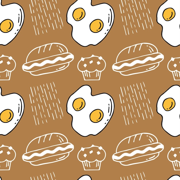 Fried eggs, Hot dog street food muffin, decorative on light brown background vector seamless pattern