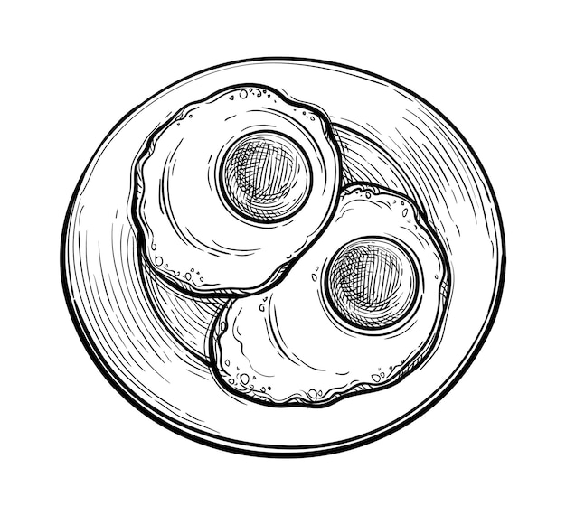 プレートに揚げた卵朝食のインクスケッチ手描きのベクトルイラストレトロスタイル