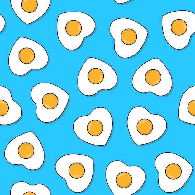 青い背景の目玉焼きのシームレスなパターン。オムレツの卵のテーマアイコンベクトル図