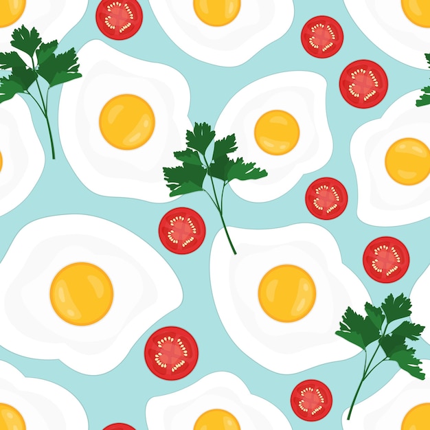 Fried eggs tomatoes and parsley seamless pattern