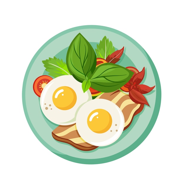 Fried eggs with bacon and basil on plate on white background