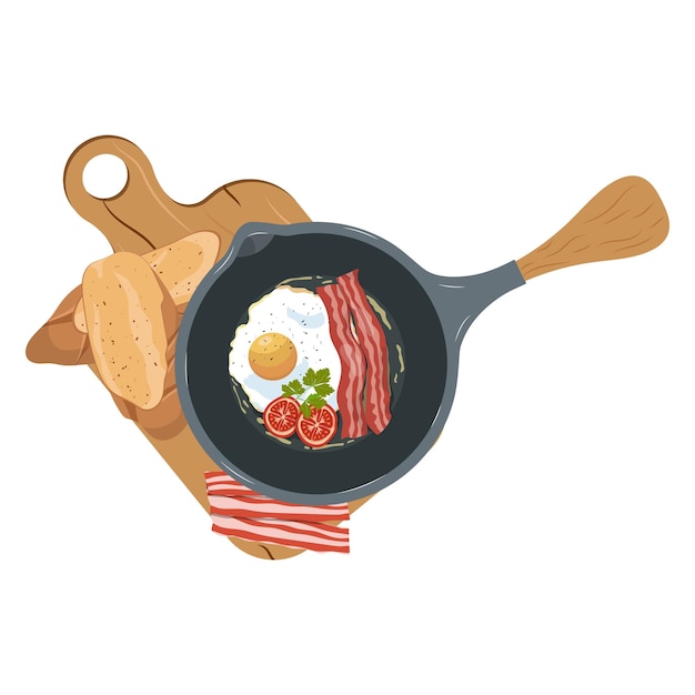 Fried eggs with bacon in a frying pan vector on a white background