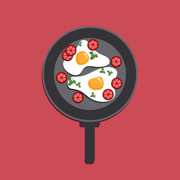 Fried eggs with tomato and sausage on a cooking pan with a handle Papercut farm products Vector illustration