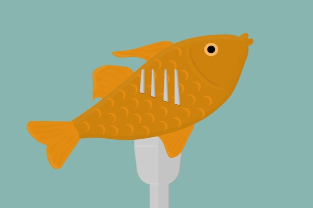 Жареная рыба на векторной иллюстрации логотипа ресторана морепродуктов с золотой вилкой