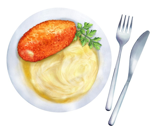 Жареная киевская котлетка с картошкой и зеленым горохом на тарелке Украинская кухня Акварельная иллюстрация