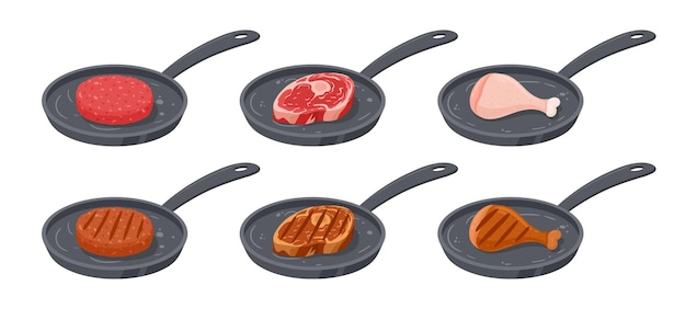 Жареная сковорода с сырым и жареным мясом Мультяшные стейки из свинины, говядины и куриные ножки процесс приготовления жареного мяса полуфабрикаты плоский векторный набор иллюстраций