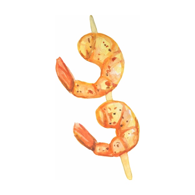 Vector fried prawns on a stick watercolor illustration delicious street food