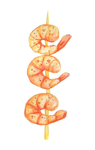 Vector fried prawns on a stick watercolor illustration delicious street food