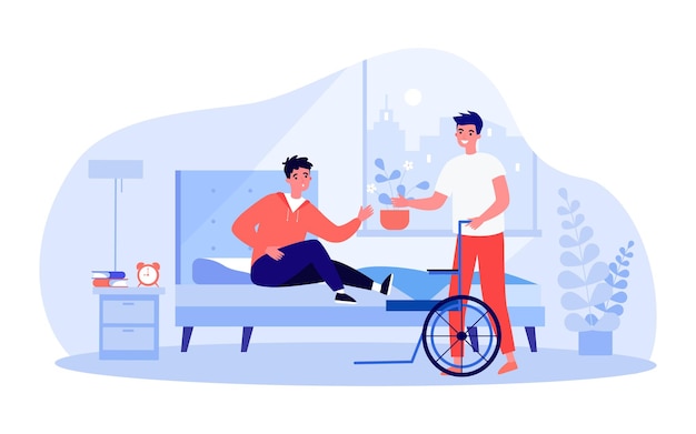 Amico o assistente che aiuta l'uomo a salire sulla sedia a rotelle dal letto. persona disabile nell'illustrazione piana di vettore della camera da letto. assistenza, disabilità, concetto di amicizia per banner, design di siti web o landing page