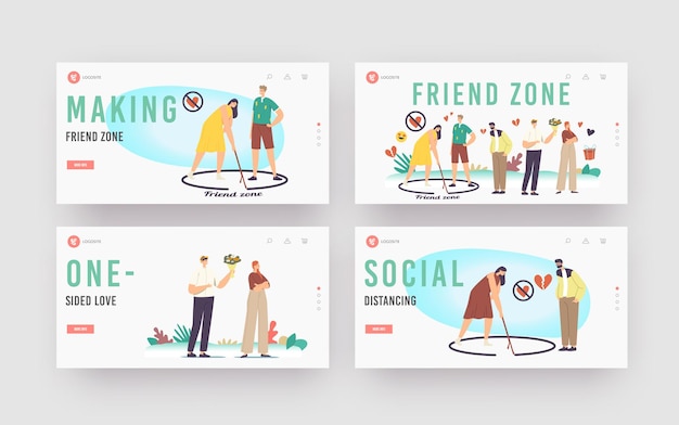 Vector friend zone landing page template set. male characters in love trying to attract girls. woman drawing circle with man stand inside of boundary. importunate suitors. cartoon people vector illustration