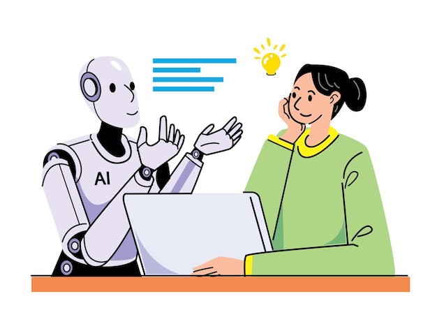 A friendly AI robot interacting with a smiling woman in a cozy home office environment while sharing ideas and insights