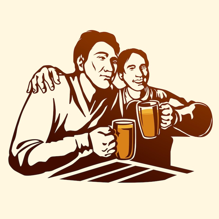 フリーハンドのデジタル スケッチに基づくフレンドリーなビール パーティーのイラスト。