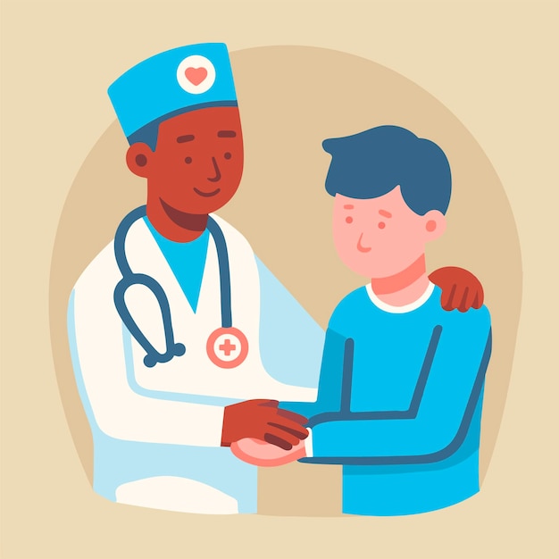 friendly black skin african doctor comfort white cancer patient boy character concept medical person