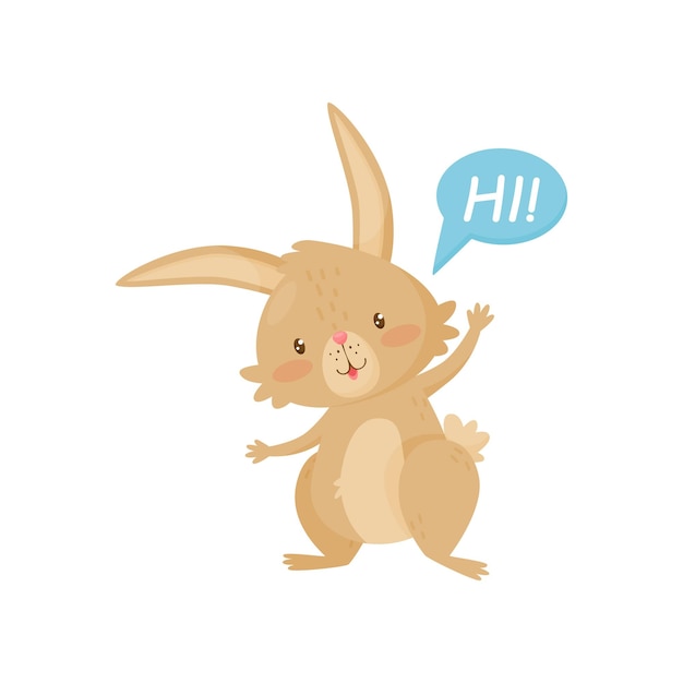 안녕이라고 말하는 친절한 갈색 토끼 분홍색 뺨과 반짝이는 눈을 가진 작은 토끼 긴 귀와 짧은 꼬리를 가진 포유류 동물의 만화 캐릭터 어린이 책을 위한 디자인 격리된 평면 벡터 아이콘