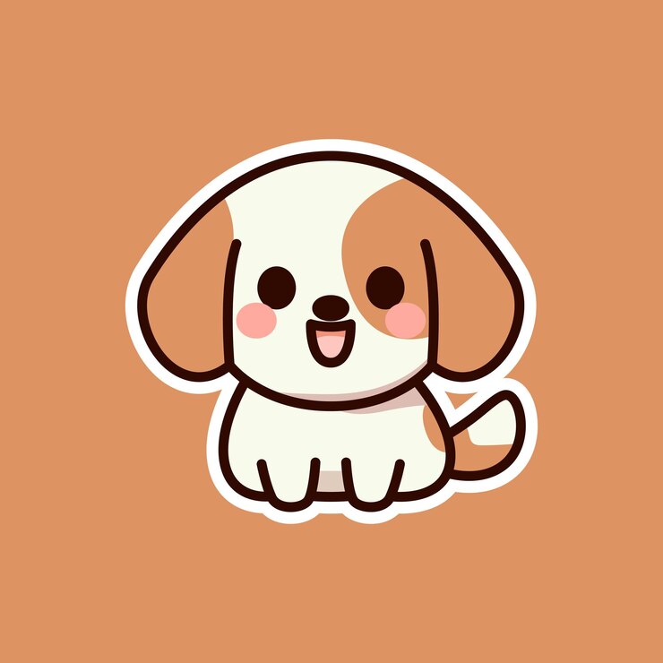 Vector friendly brown and white puppy sitting on a light brown background hand drawn isolated illustration