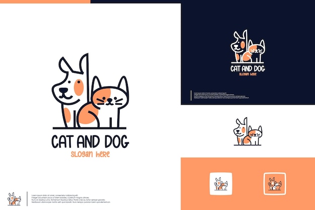 벡터 친절한 고양이와 개 만화 귀여운 스타일 로고 디자인 템플릿