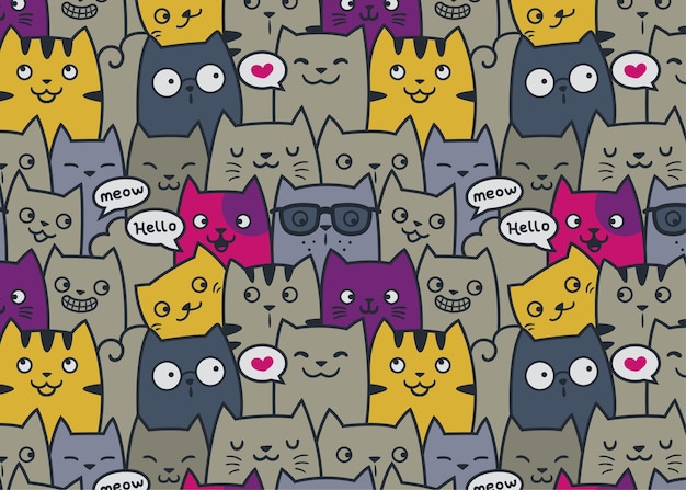 Vector friendly cats pattern doodle background