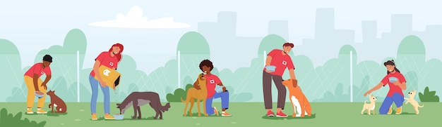 Vector friendly characters feeding dogs male and female volunteers work in animal shelter or pound volunteering charity