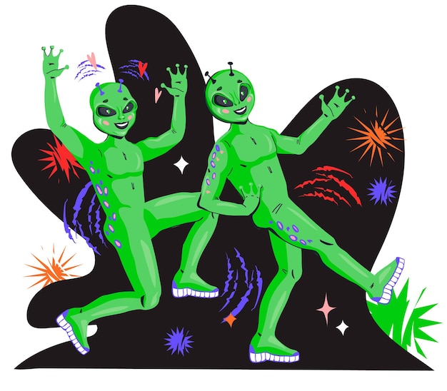 Вектор Дружелюбные веселые инопланетяне зеленые человечки на космическом фоне плоские векторные иллюстрации изолированы